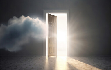 Open door in the white clouds with beam of light. Concept of heaven