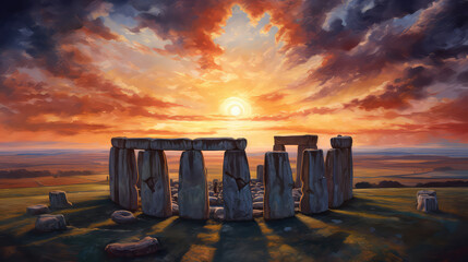 oil painting on canvas, Stonehenge at sunset. (ai generated)
