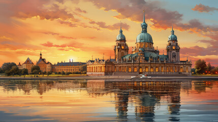 oil painting on canvas, New Palace (Neues Palais) facade in Potsdam at sunset. Germany. (ai generated) - obrazy, fototapety, plakaty