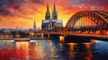 oil painting on canvas, Cologne Cathedral and Hohenzollern Bridge at twilight, Germany. (ai generated) - obrazy, fototapety, plakaty
