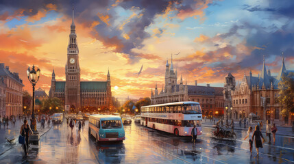 oil painting on canvas, Munich skyline with Marienplatz town hall in Germany. (ai generated) - obrazy, fototapety, plakaty