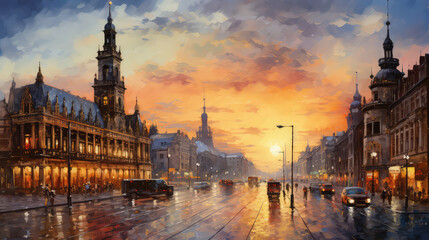 oil painting on canvas, Leipzig, Germany. Cityscape image of Leipzig, Germany with New Town Hall at twilight blue hour. (ai generated) - obrazy, fototapety, plakaty