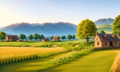 Spring landscape morning in village with green meadow on hills, orang and blue sky, Spring panorama view forest, Countryside, green field, wild flowers and sunset. Illustration style.