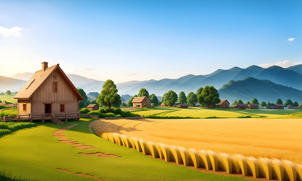 Spring landscape morning in village with green meadow on hills, orang and blue sky, Spring panorama view forest, wild flowers and sunset. Illustration style. Barley field with wooden house.