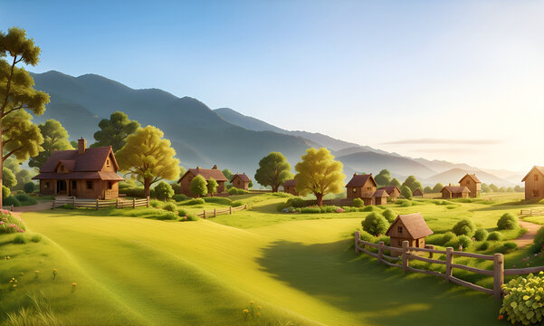 Spring landscape morning in village with green meadow on hills, orang and blue sky, Spring panorama view, Countryside, green field, wild flowers and sunset. Illustration style.
