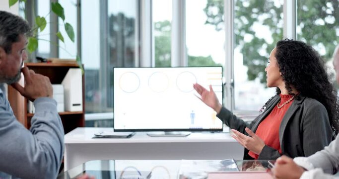Presentation, computer and business people in office meeting for growth, discussion and kpi review. Screen, research and team in conference with plan, goal and strategy for startup or analytics