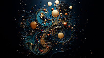 Grafische Elemente im schönen gold und dunklen Farben mit Punkte und verschieden Elementen als Druckvorlage und Hintergrund, ai generativ