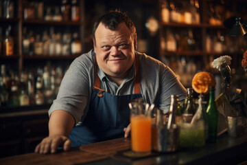 Fototapeta na wymiar Portrait of a man with Down syndrome who fulfilled his dream by becoming a bartender. Generated Ai