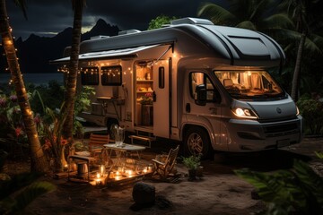 Motorhome in a vegetable garden with coconut trees, grills and fairy lights.