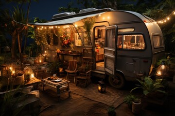 Obraz premium Motorhome in a vegetable garden with coconut trees, grills and fairy lights.