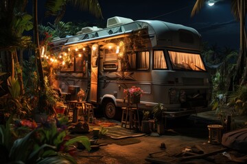 Motorhome in a vegetable garden with coconut trees, grills and fairy lights.