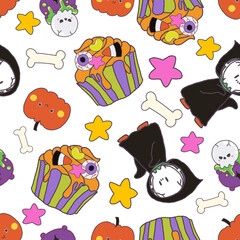 Seamless Halloween pattern. digital clipart illustration of Halloween party.witch,monster, ghost, bat, black cat and pumpkin. doodle character cartoon repeat pattern.