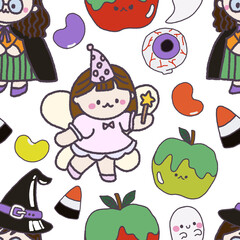 Seamless Halloween pattern. digital clipart illustration of Halloween party.witch,monster, ghost, bat, black cat and pumpkin. doodle character cartoon repeat pattern.