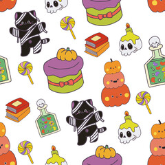 Seamless Halloween pattern. digital clipart illustration of Halloween party.witch,monster, ghost, bat, black cat and pumpkin. doodle character cartoon repeat pattern.