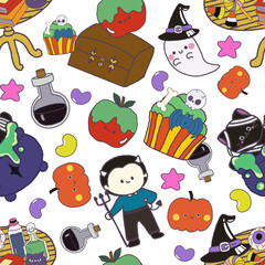 Fototapeta premium Seamless Halloween pattern. digital clipart illustration of Halloween party.witch,monster, ghost, bat, black cat and pumpkin. doodle character cartoon repeat pattern.