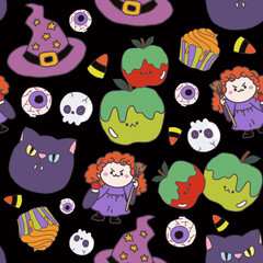 Seamless Halloween pattern. digital clipart illustration of Halloween party.witch,monster, ghost, bat, black cat and pumpkin. doodle character cartoon repeat pattern.