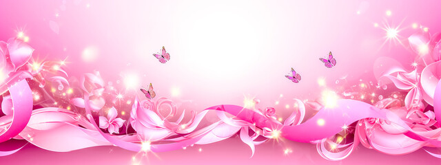 beauty pink ribbon and butterflies, Breast Cancer Awareness Month, banner with copy space made with Generative AI