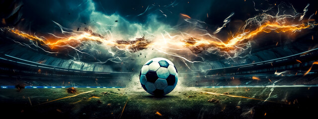 soccer ball in fast motion at the stadium, lightning, fire and energy of sport, banner made with Generative AI