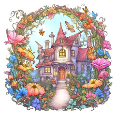 Fototapeta premium Fairytale house with flowers, cute watercolor ink style illustration.