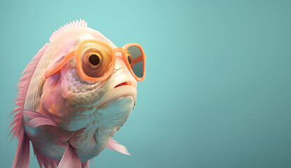 Creative animal concept. Fish in sunglass shade glasses isolated on solid pastel background, commercial, editorial advertisement, surreal surrealism