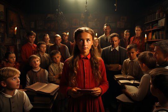 Retro style image of a young students in and old school, generative ai