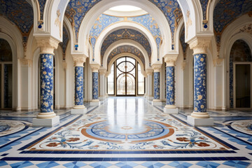 Obraz premium Grand Ornate Hall with Blue and White Tiled Floor and Floral Patterns