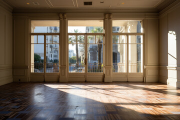 Empty Ballroom with Large Windows and Palm Tree View