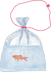 Illustration of a red goldfish in a plastic bag