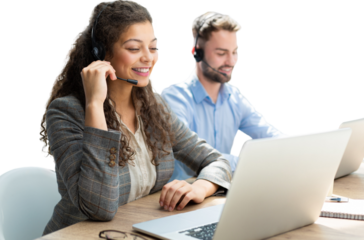 Female customer support operator with headset and smiling, with collegues at background on a transparent background