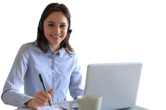 Freelance operator talking with headsets and consulting clients on a transparent background