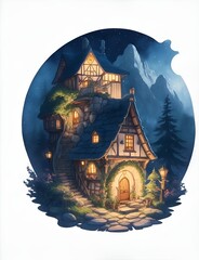 fantastic Swiss village in a forest at night t-shirt style generated ai