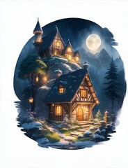 fantastic European village in a forest at night t-shirt style generated ai