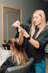 Fototapeta premium A hairdresser cuts a blonde's hair in a beauty salon. Women's haircut
