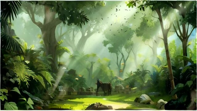 Fantasy beautiful green tropical forest in cartoon watercolor painting illustration style.  Ilustrasi fantasi hutan hujan dengan gaya cat air. Seamless time-lapse virtual 4K video animated background