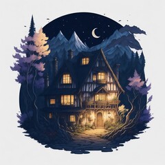 A large European house in a fantastic forest t-shirt style generated ai