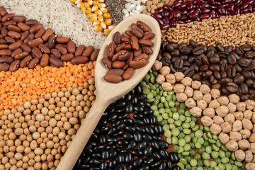 Healthy food vegetarian vegan food concept. Various assorted organic cereals, vegetables, whole grains