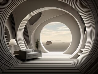 Home interior futuristic design with round window arch showing beautiful outdoors. visualization AI