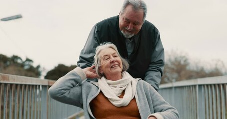 Senior couple, nature and in a wheelchair on a walk for happiness, retirement date or love. Smile, talking and an elderly man and woman with a disability and in a park to relax together in marriage - Powered by Adobe