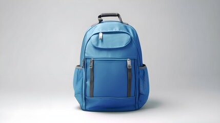 blue backpack isolated on a blue background Back to school, education, childhood, primary school theme.