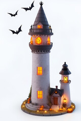 cartoon fantastic lighthouse 3D with light from the windows on a white background generated ai