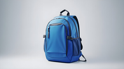 Naklejka premium blue backpack isolated on a blue background Back to school, education, childhood, primary school theme.