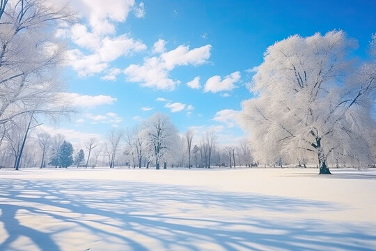 Beautiful blurred background image of  winter nature with a neatly trimmed lawn surrounded by trees