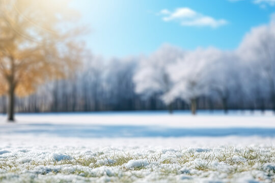 Beautiful blurred background image of  winter nature with a neatly trimmed lawn surrounded by trees