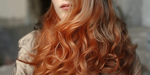 Coloriertes Haar in orangenen rot Tönen mit strähnen und wellen für Perücken und Haar Färbemittel Nahaufnahme, ai generativ