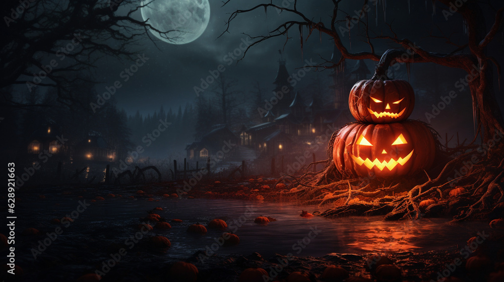 Wall mural Halloween night scene background with castle with halloween pumpkin within flames in the graveyard and bats in the night, AI Generation