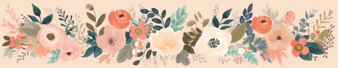 Beautiful romantic flower collection with roses, leaves, floral bouquets, flower compositions, Generative AI