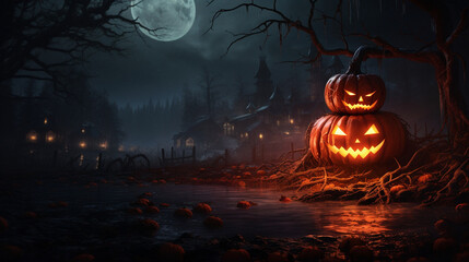 Halloween night scene background with castle with halloween pumpkin within flames in the graveyard and bats in the night, AI Generation - obrazy, fototapety, plakaty