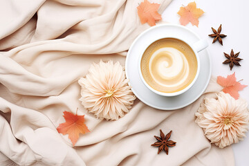 Fototapeta na wymiar Pumpkin spice latte top view, orange falling leaves, autumn setting