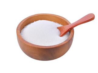 White sugar in red wood bowl and wood spoon on transparent png