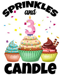 3 Sprinkles Candle Cupcake Confetti Kid 3rd Birthday